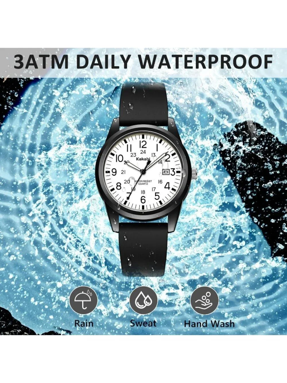 Men's Black Comfortable Silicone Strap Unisex Military Sport Analog Casual Watch
